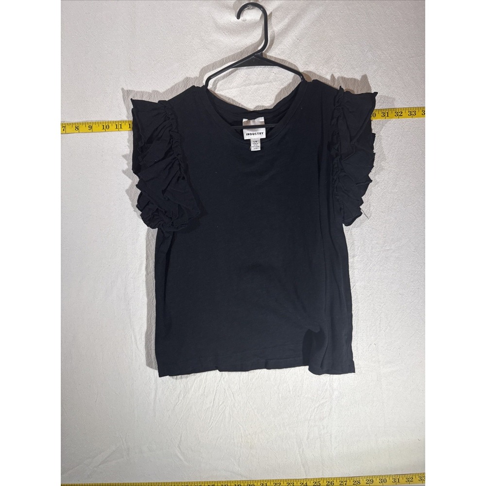 Industry Black Womens Large Crew Neck 100% Pima Cotton Ruffle Flutter Sleeve Top